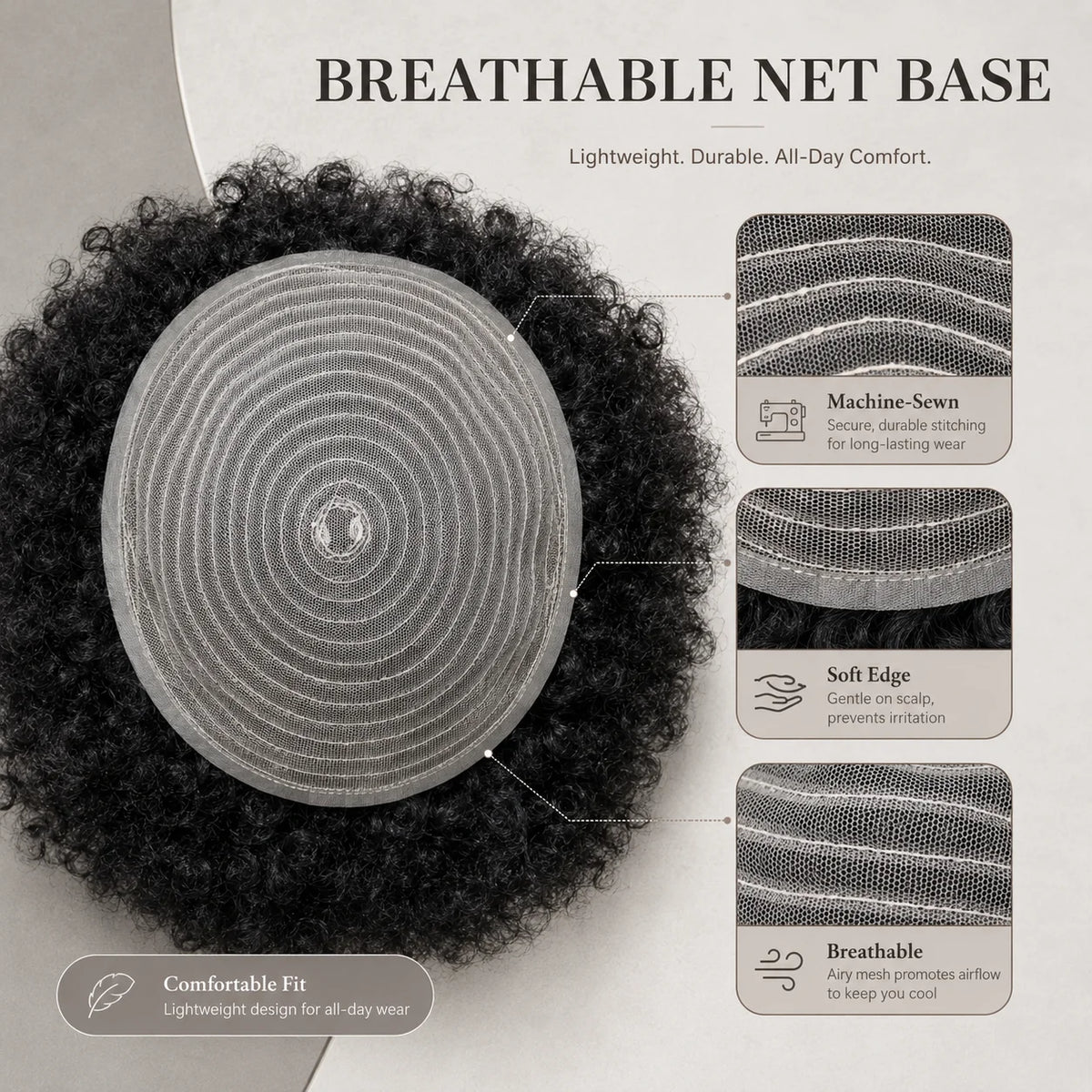 Curly toupee with hair texture and mesh base details