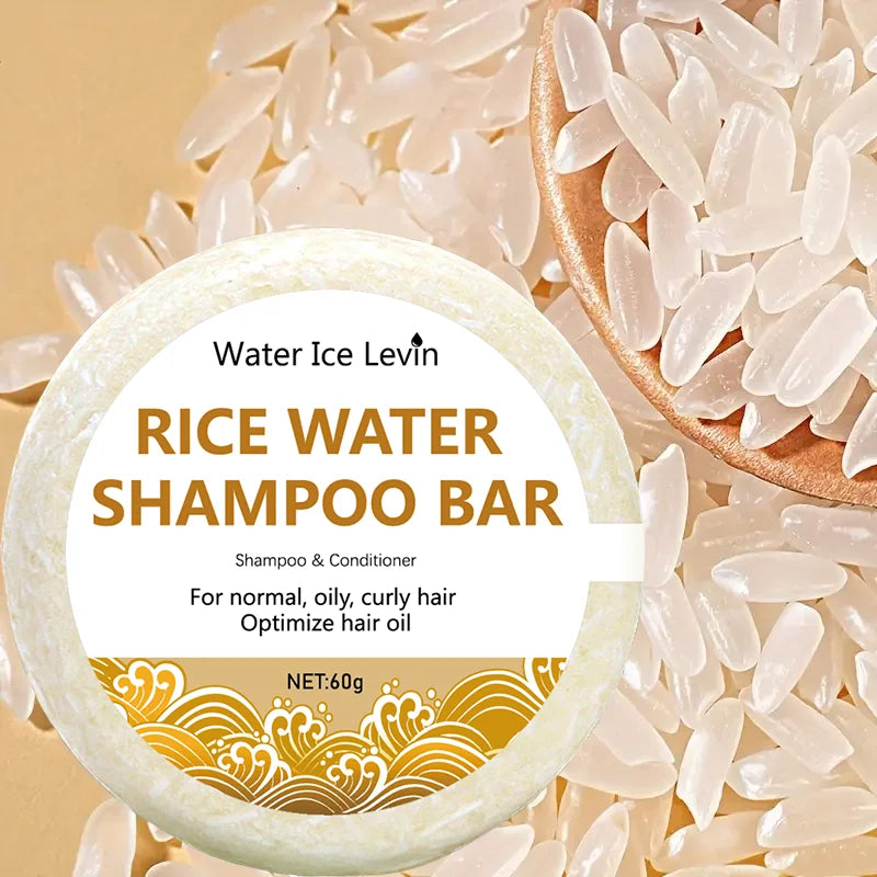 Rice water shampoo bar with ingredients and hair washing illustrations