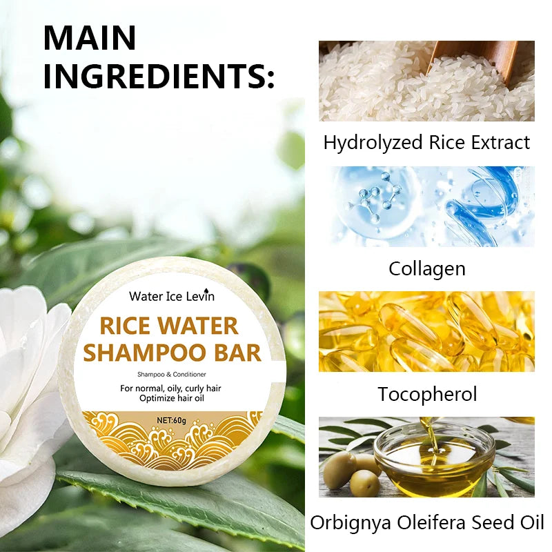 Rice water shampoo bar with ingredients and hair washing illustrations