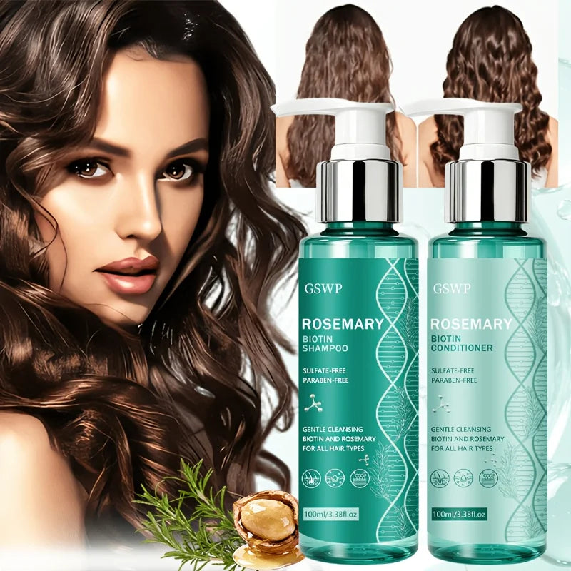 Rosemary hair care bottles with hair washing and use illustrations