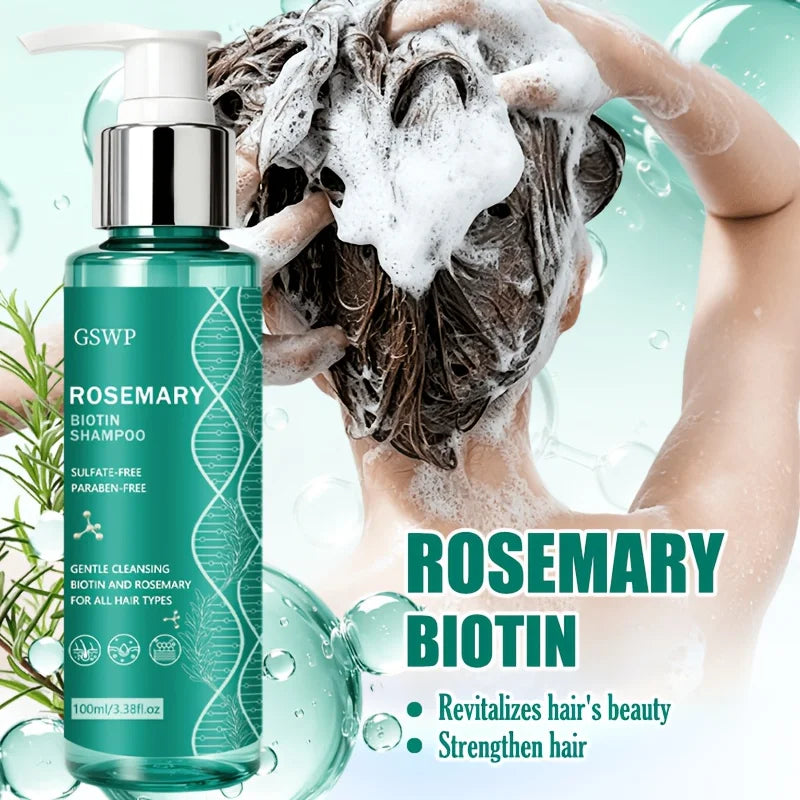 Rosemary hair care bottles with hair washing and use illustrations