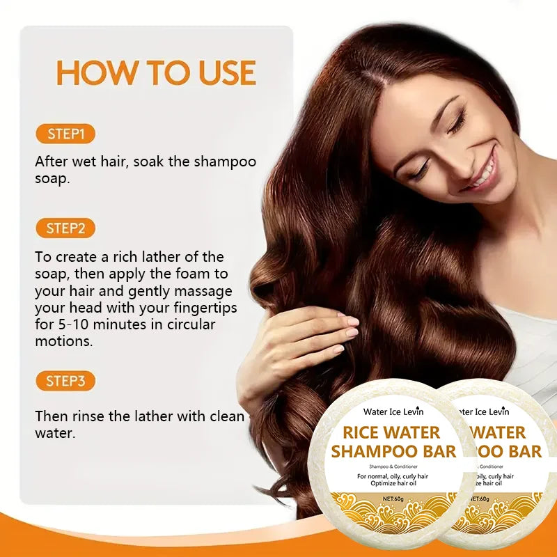 Rice water shampoo bar with ingredients and hair washing illustrations