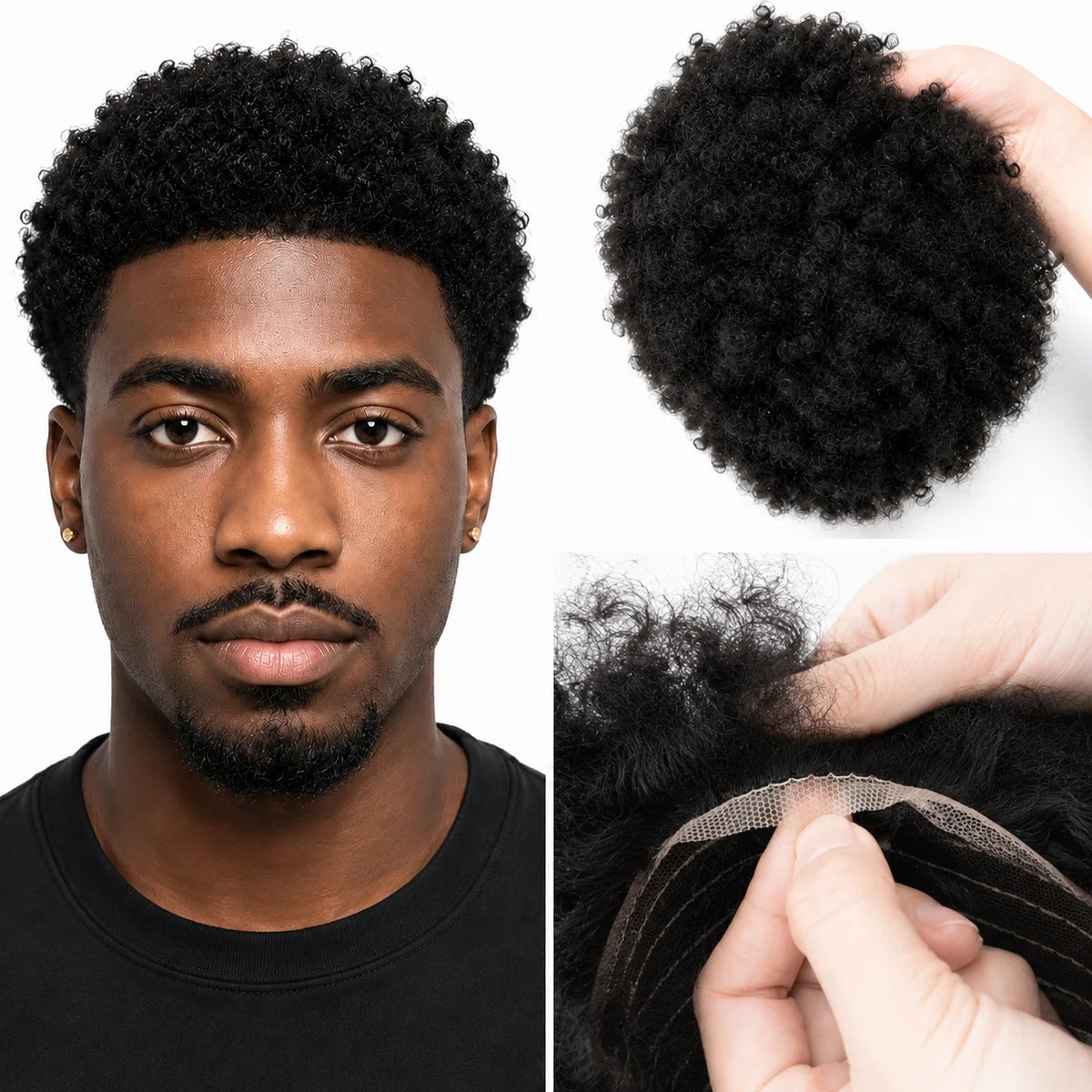 Curly hair toupee with hairstyle and base coverage details