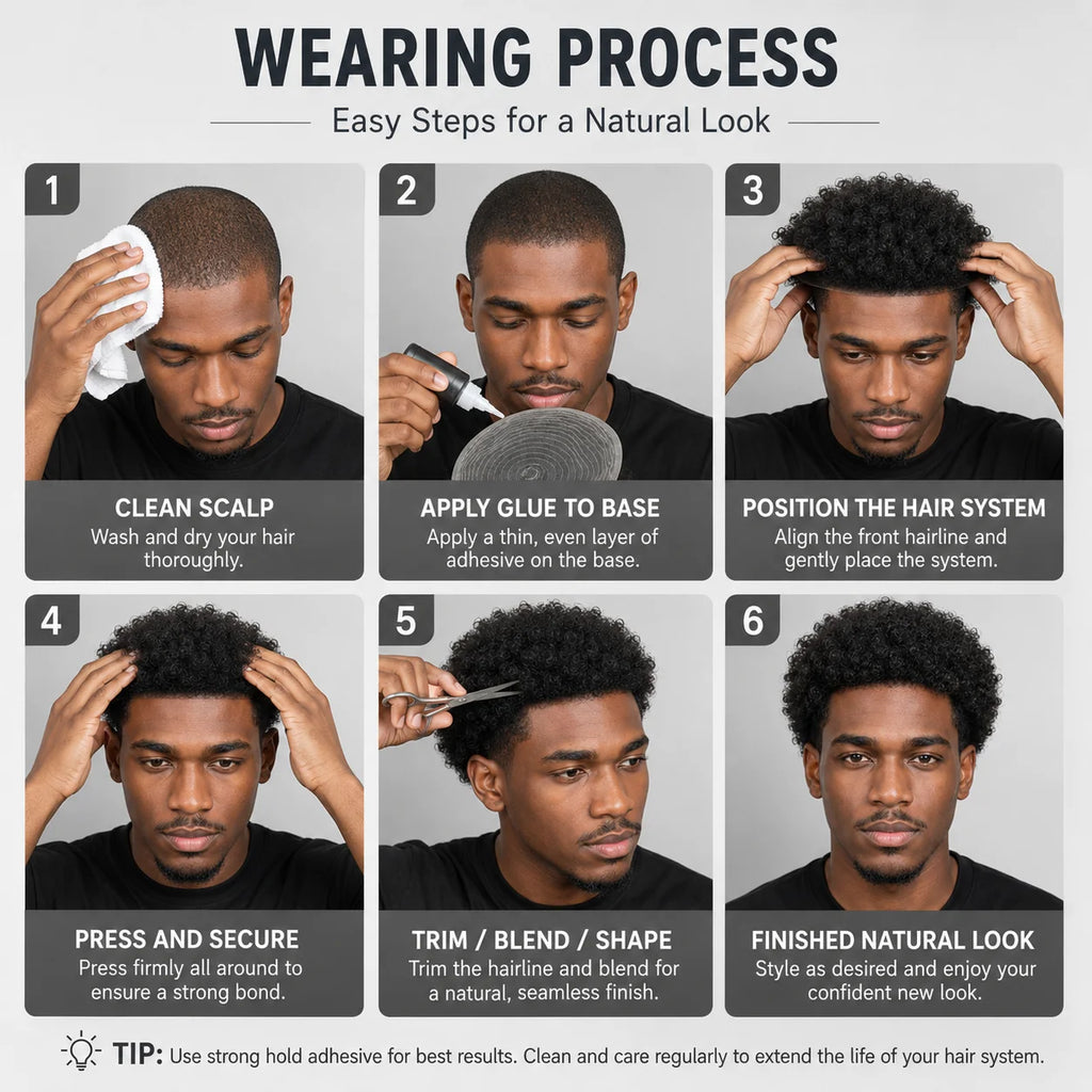 Step-by-step hair toupee attachment illustrations