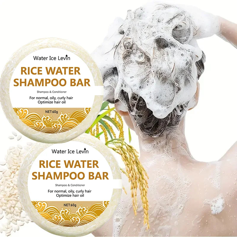 Rice water shampoo bar with ingredients and hair washing illustrations