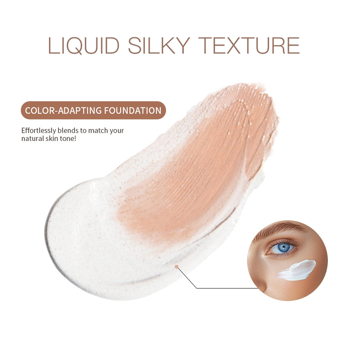 Foundation bottle with texture, application and promotional illustrations