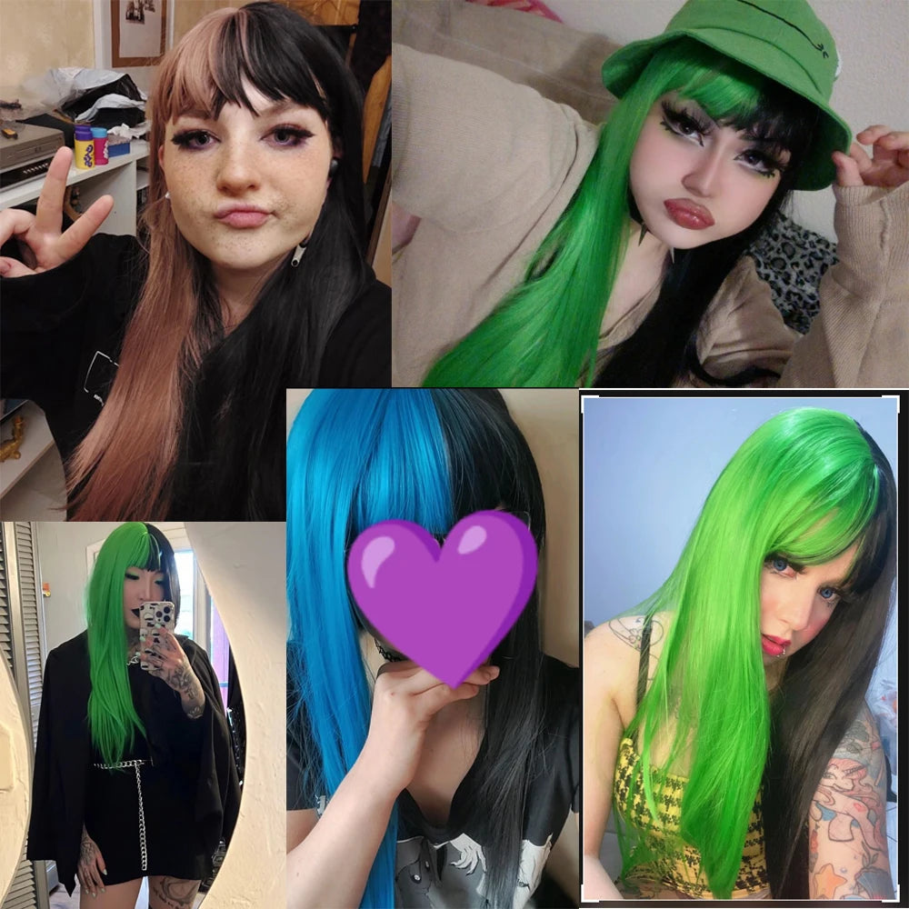 Two-tone straight wig color options with styling examples