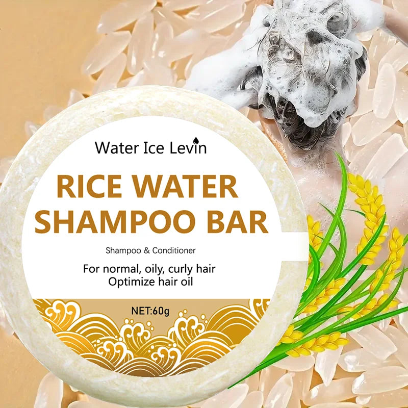 Rice water shampoo bar with ingredients and hair washing illustrations