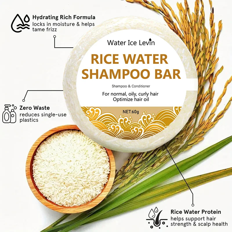 Rice water shampoo bar with ingredients and hair washing illustrations