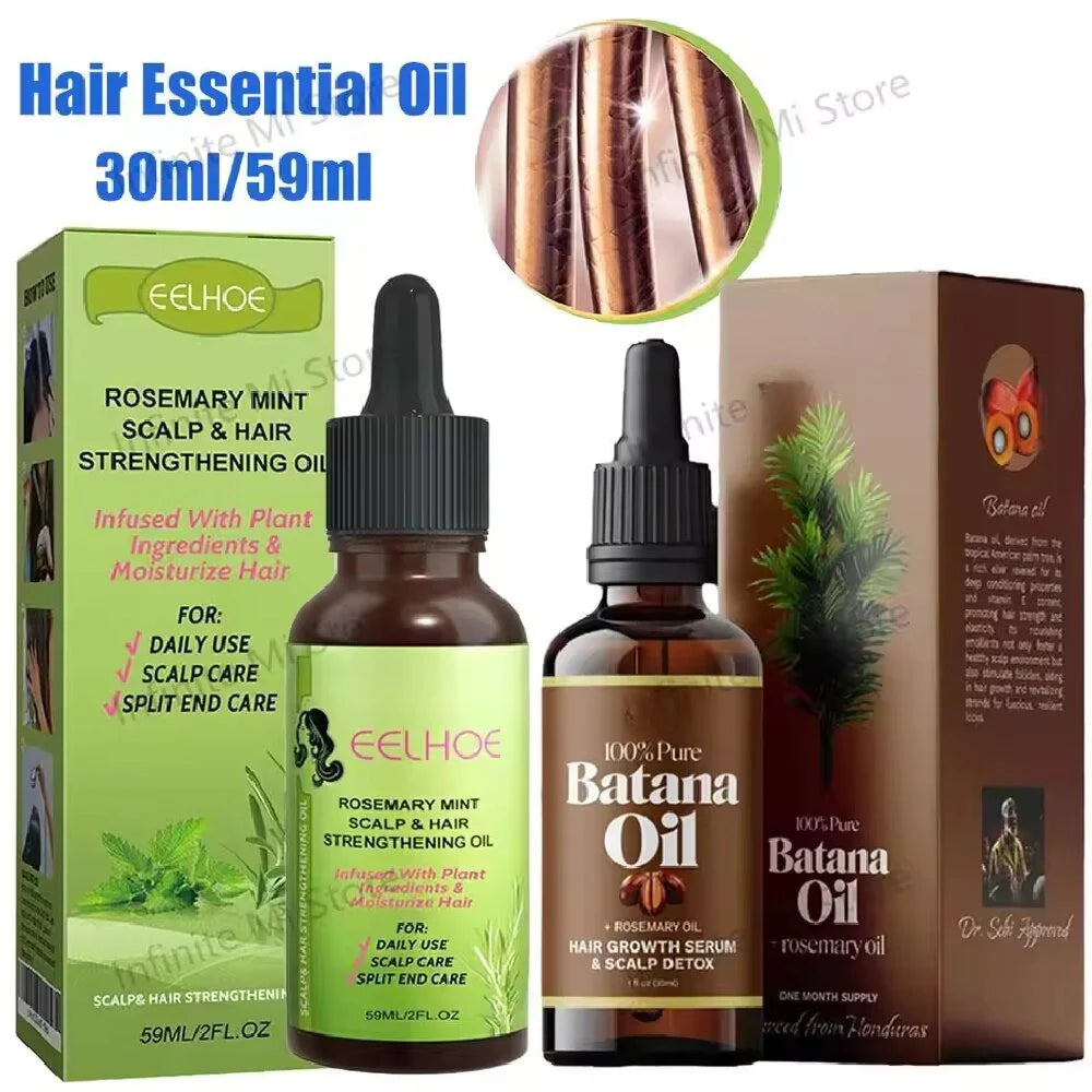 Scalp and hair oils with hairstyle and ingredient graphics