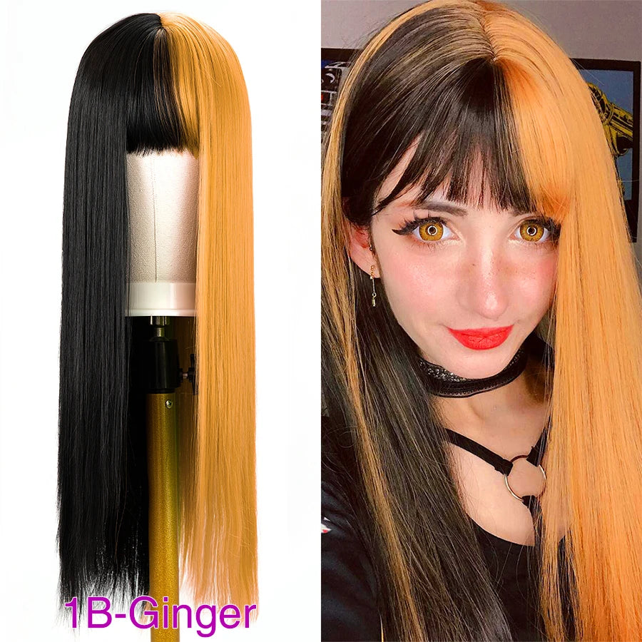 Two-tone straight wig with bangs shown on a model and mannequin