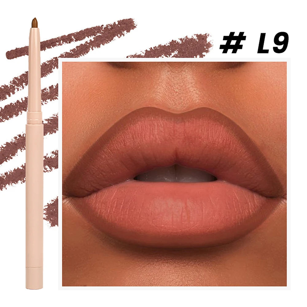 Lip liner shade shown on lips with pencil and swatch