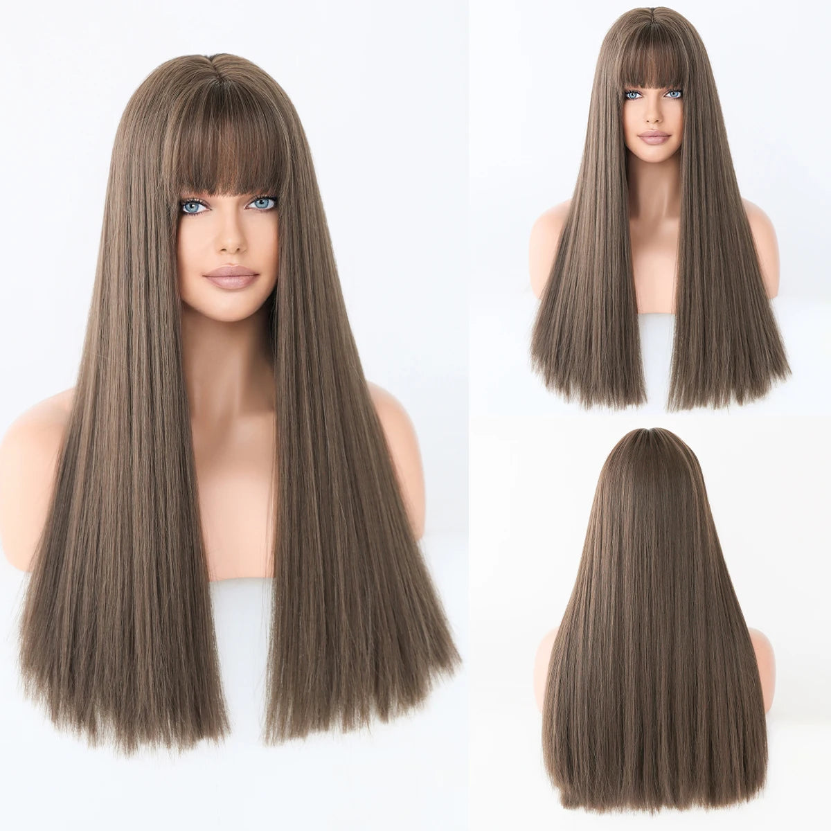 Long straight wig with bangs shown from front and back