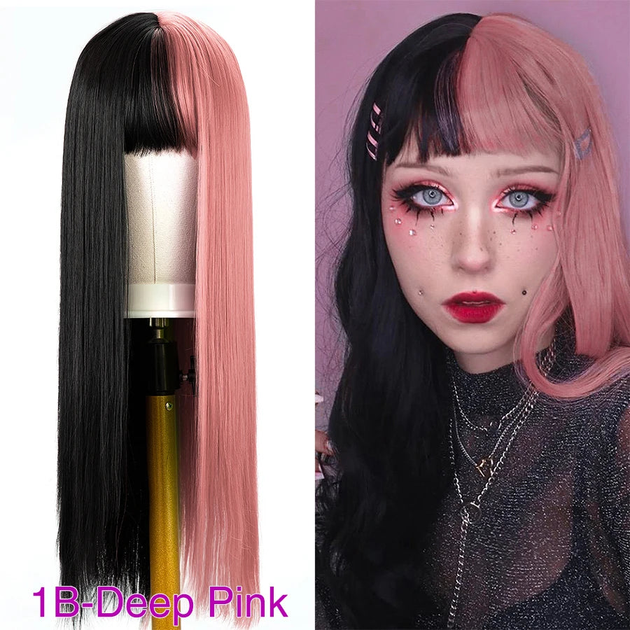 Two-tone straight wig with bangs shown on a model and mannequin