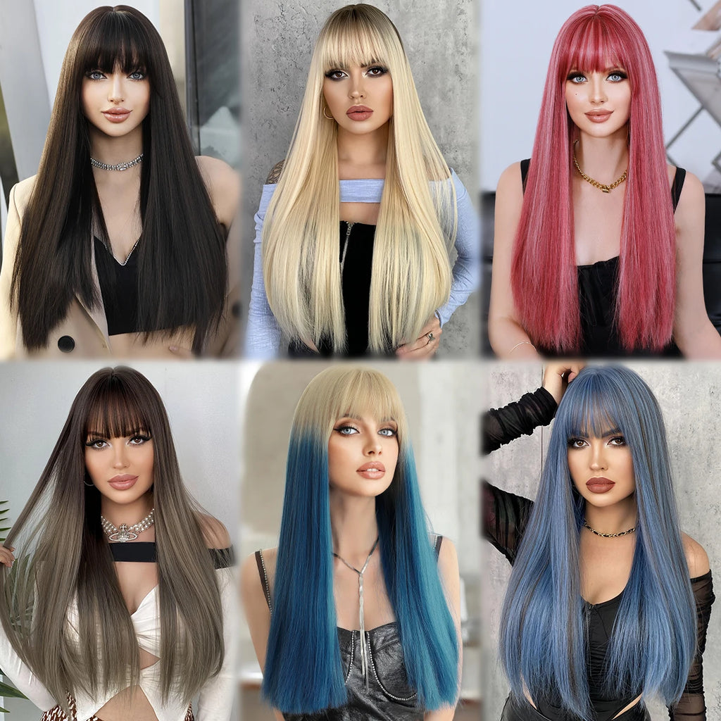 Long straight wigs with bangs shown in different colors