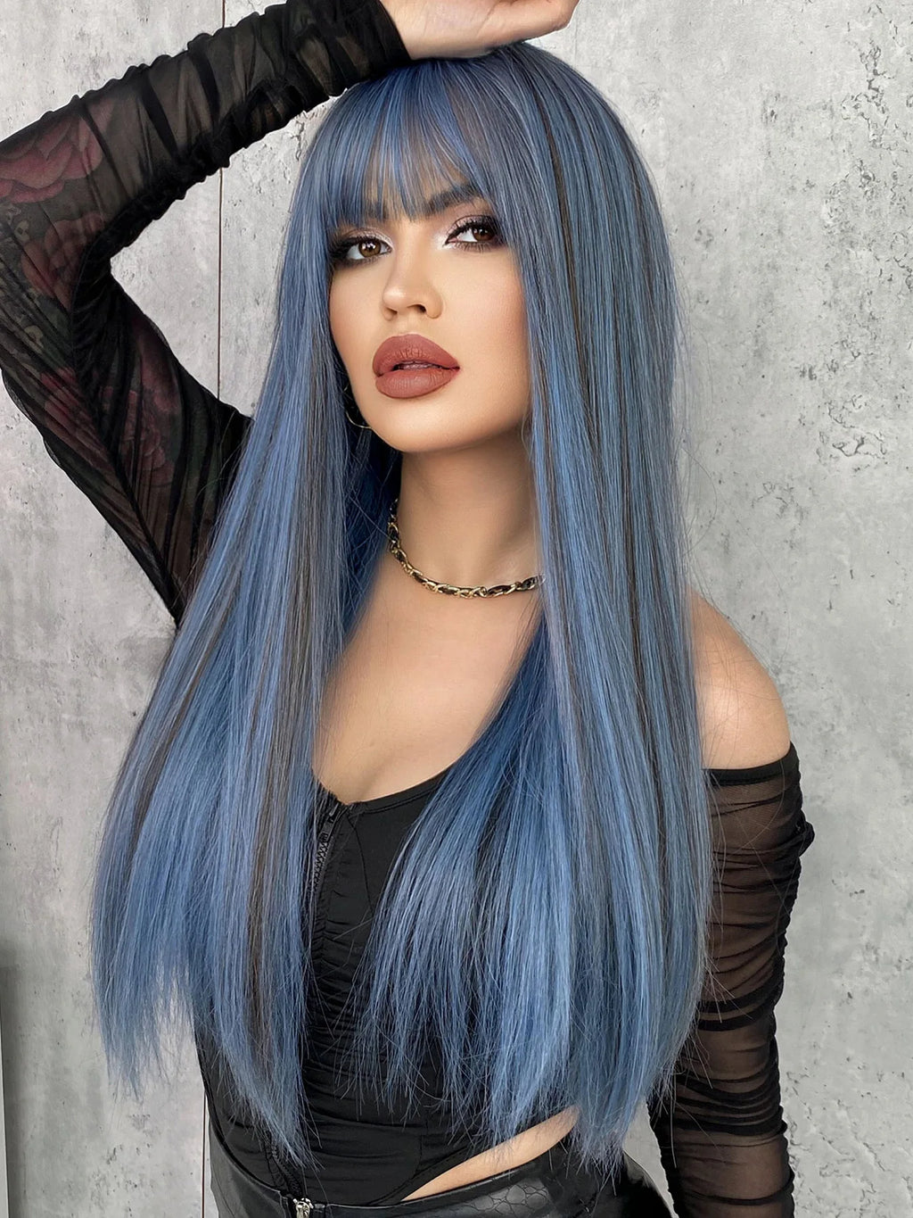 Long straight wigs with bangs shown in different colors