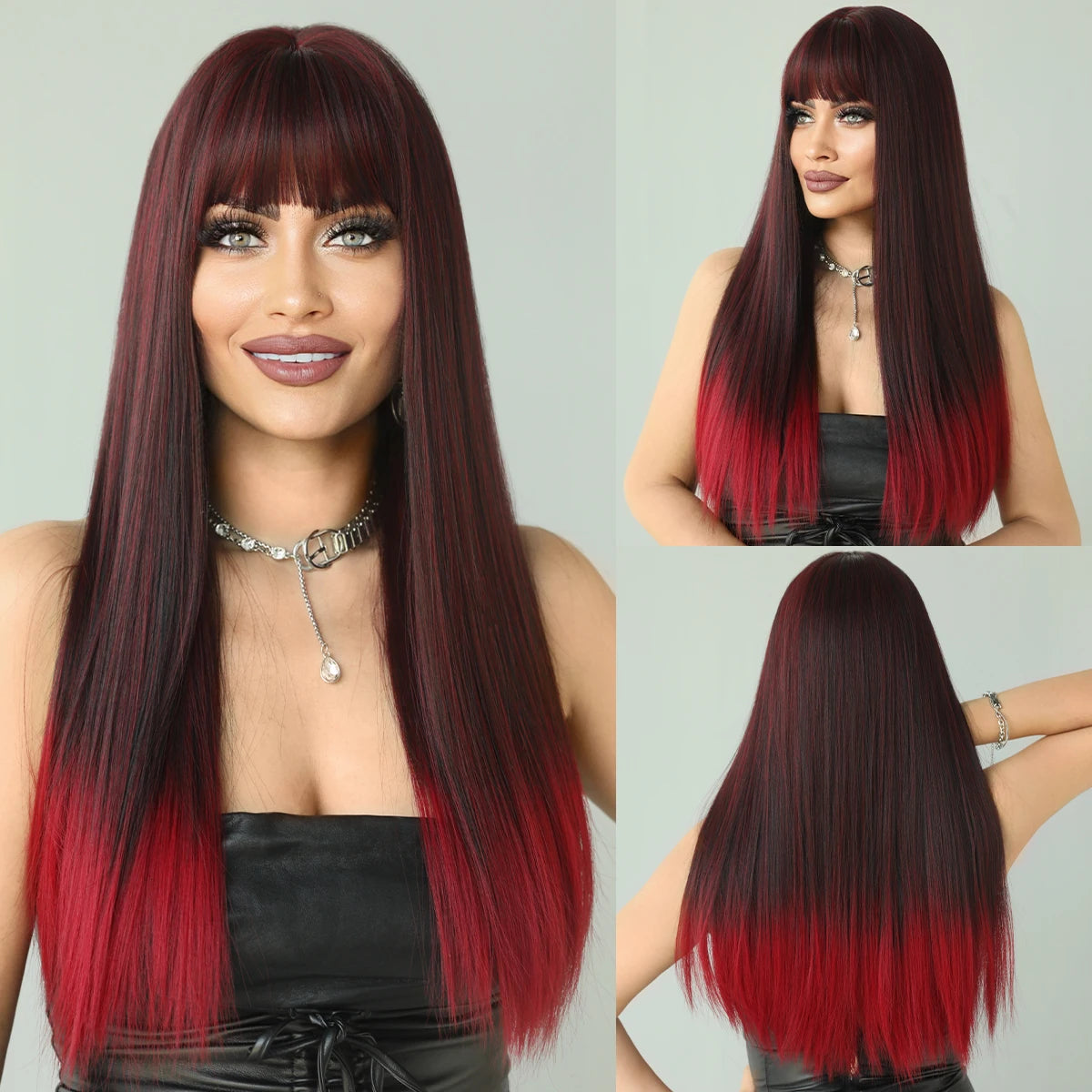 Long straight wig with bangs shown from front and back