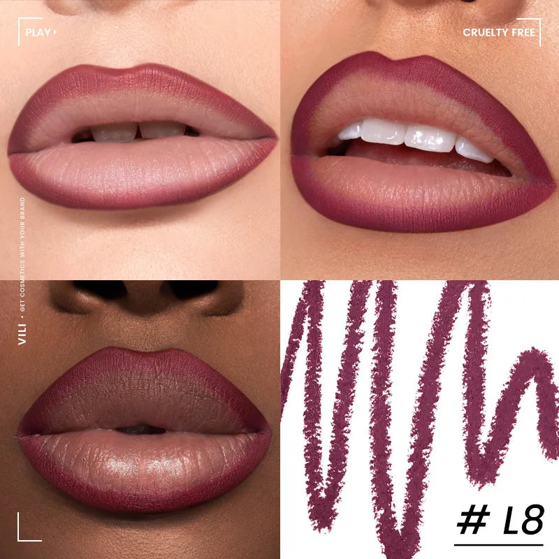 Lip liner pencils with color swatches and lip makeup examples