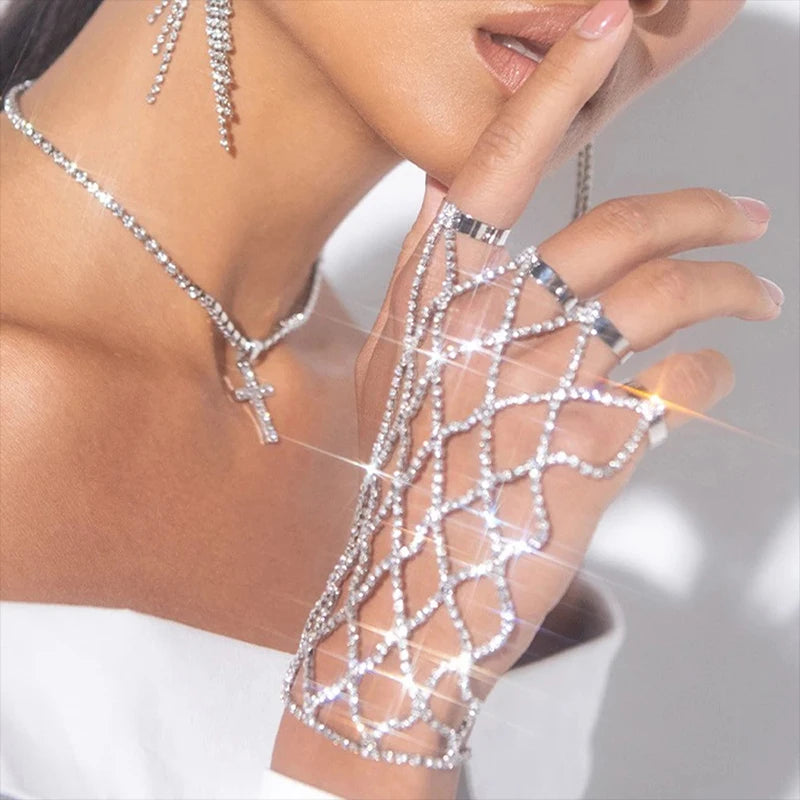 Luxury Rhinestone Mesh Hand Chain Finger Bracelet