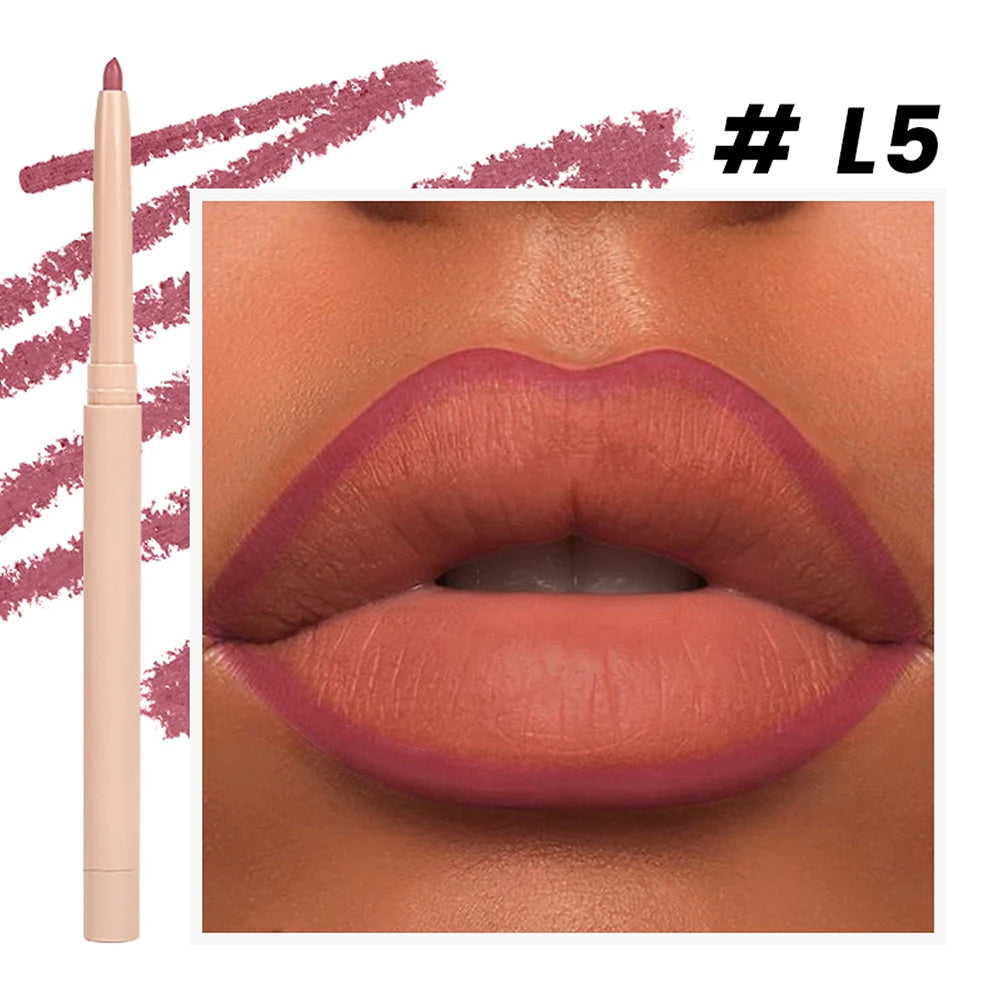 Lip liner shade shown on lips with pencil and swatch