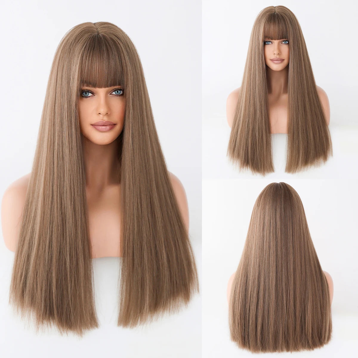 Long straight wig with bangs shown from front and back