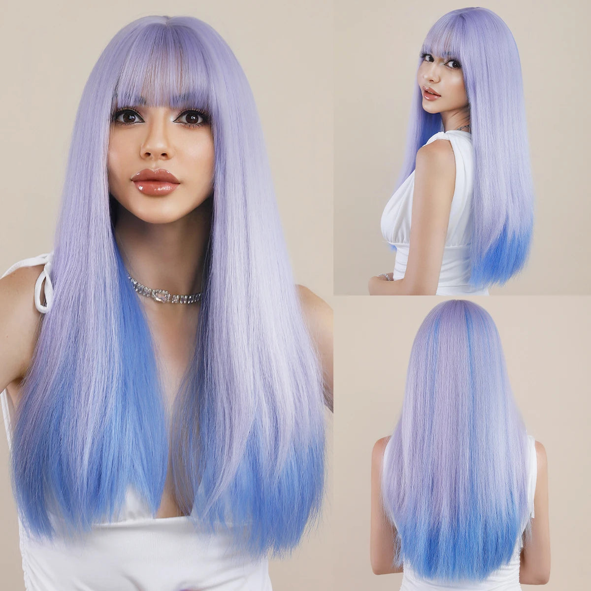Long straight wig with bangs shown from front and back