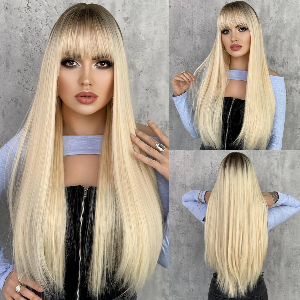 Long straight wig with bangs shown from front and back