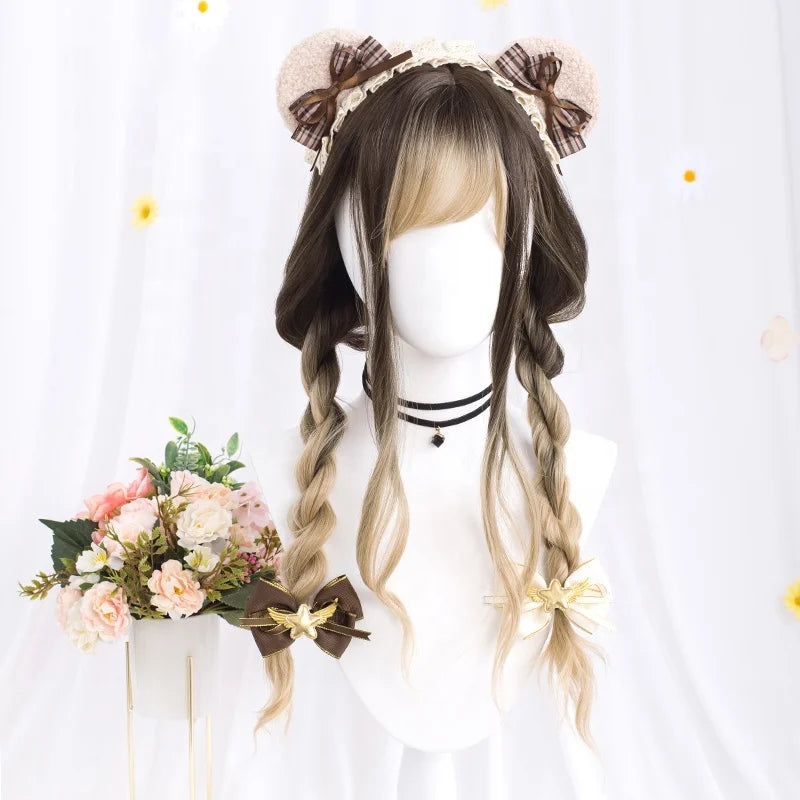 Peluca Cosplay Brown & Blonde Body Wave Synthetic Anime Wig