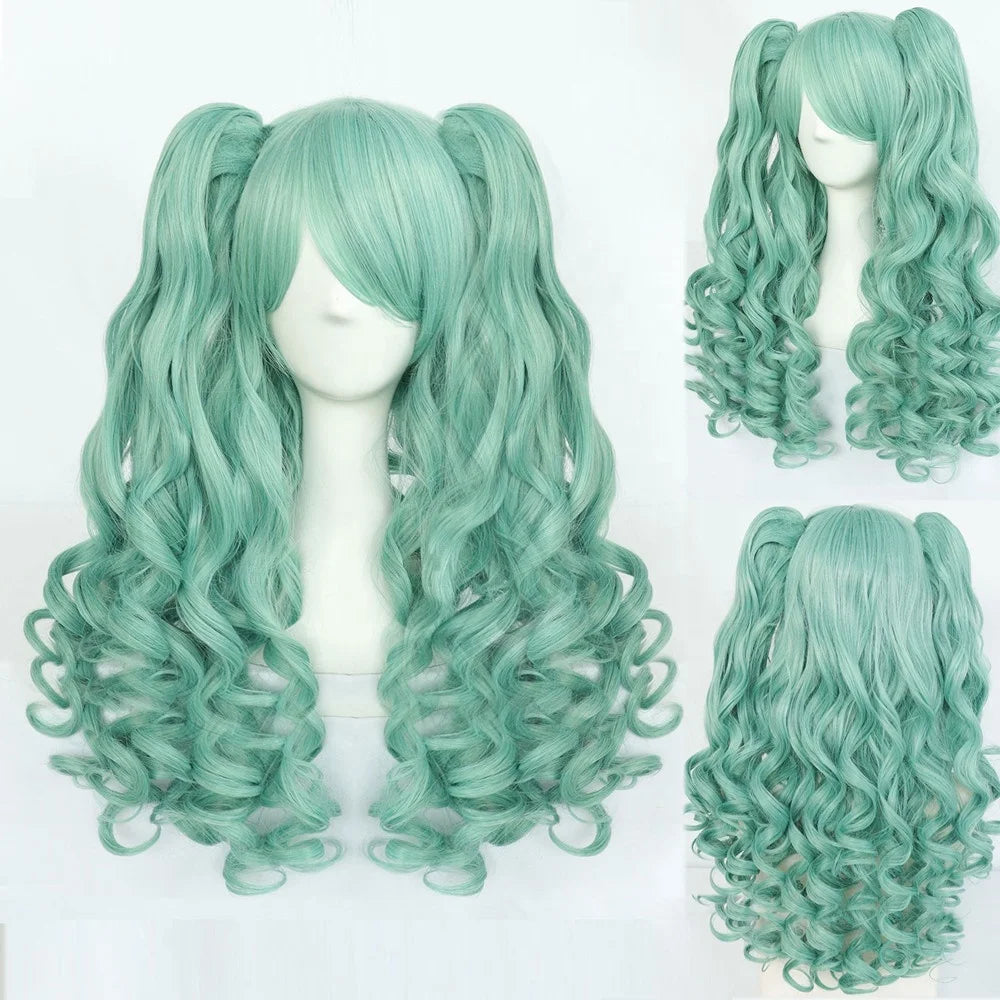 Blue-Green Long Wavy Cosplay Wig with Twin Ponytails