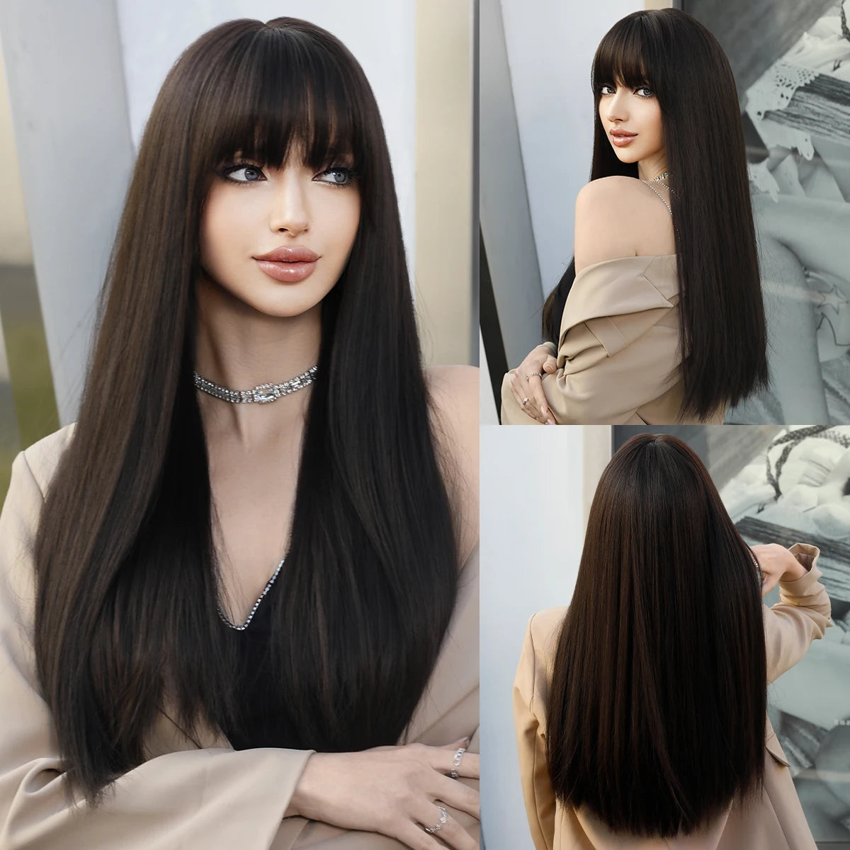Long straight wig with bangs shown from front and back