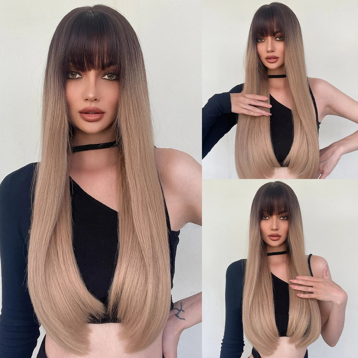 Long straight wig with bangs shown from front and back
