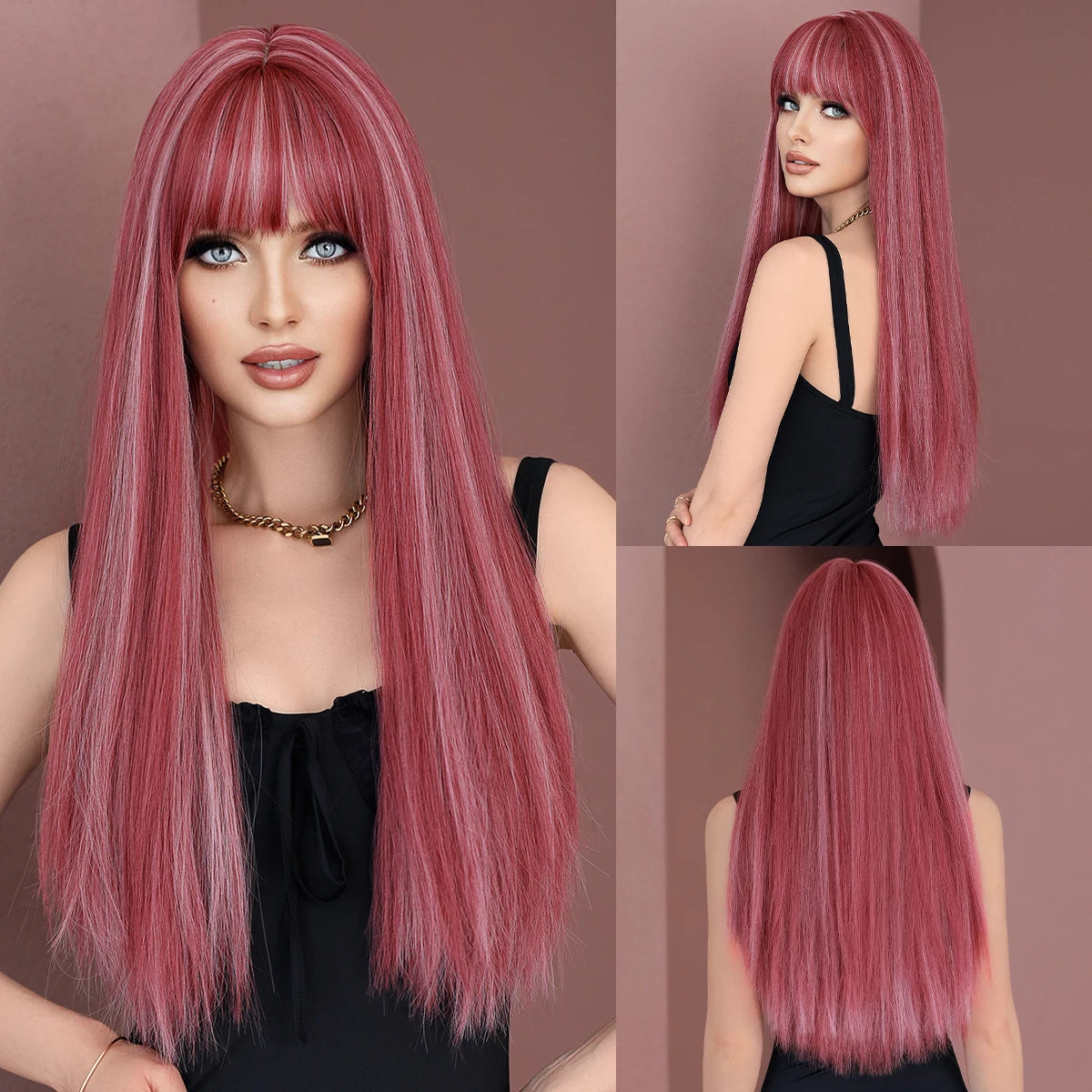 Long straight wig with bangs shown from front and back