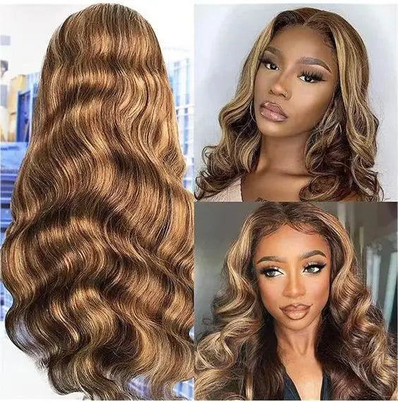 Long highlighted brown wavy wig showing its wave pattern