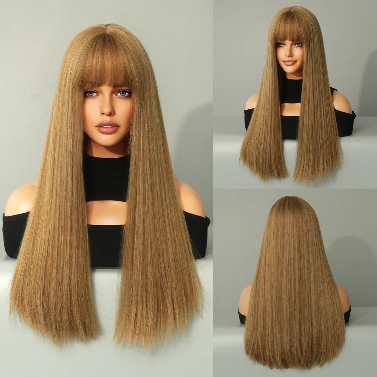 Long straight wig with bangs shown from front and back