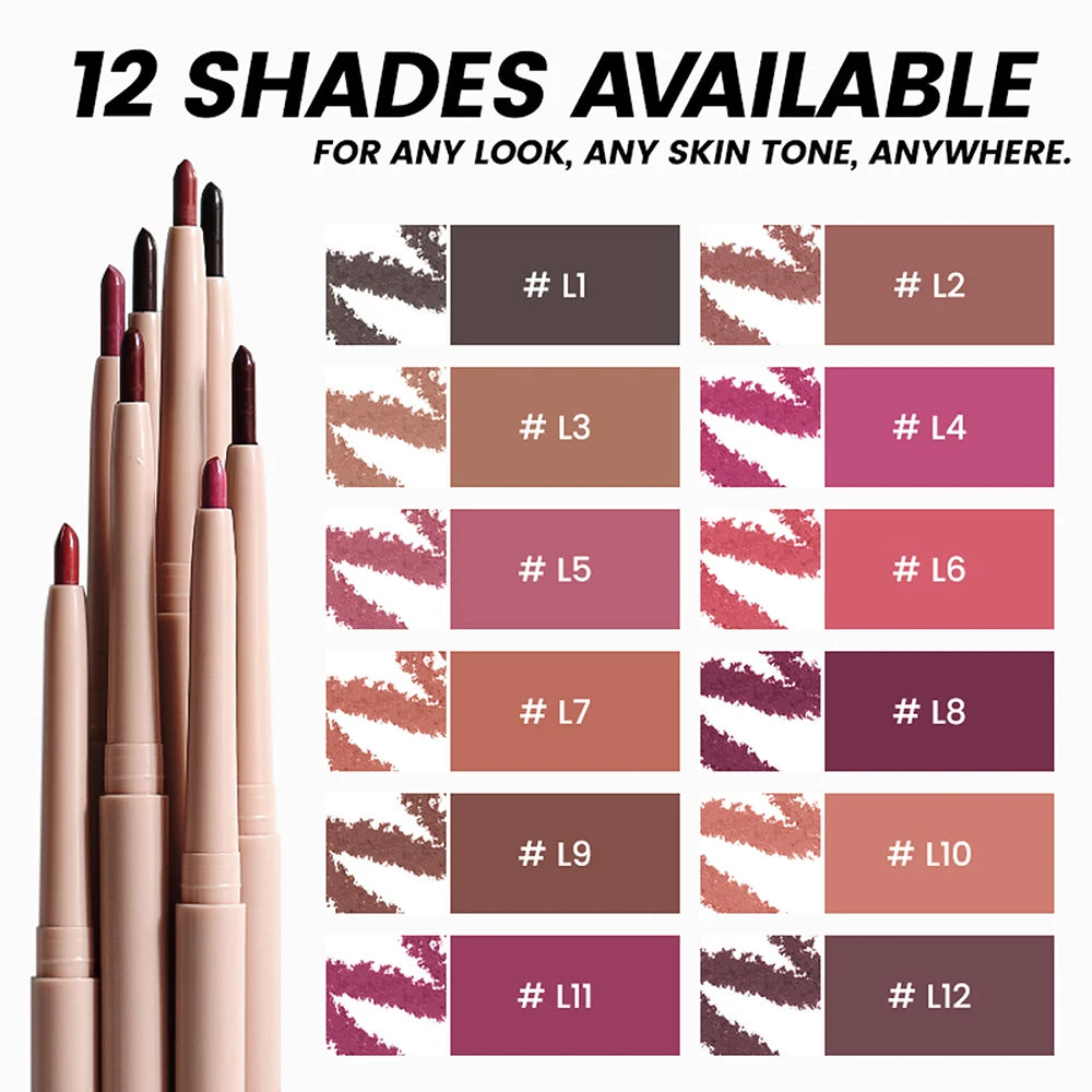 Lip liner pencils with color swatches and lip makeup examples