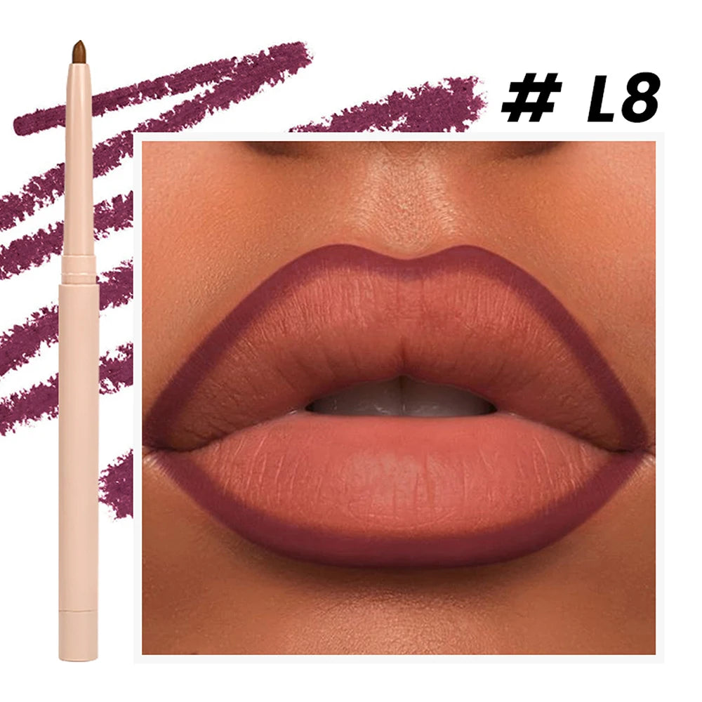 Lip liner shade shown on lips with pencil and swatch