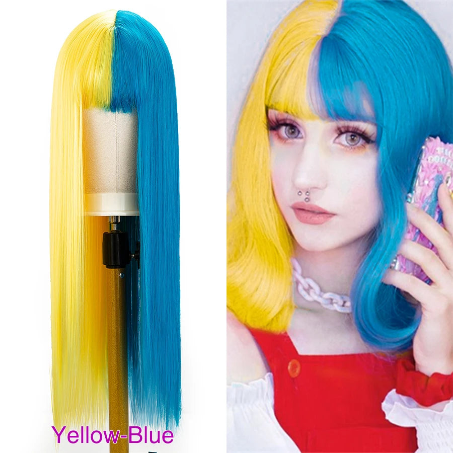 Two-tone straight wig with bangs shown on a model and mannequin