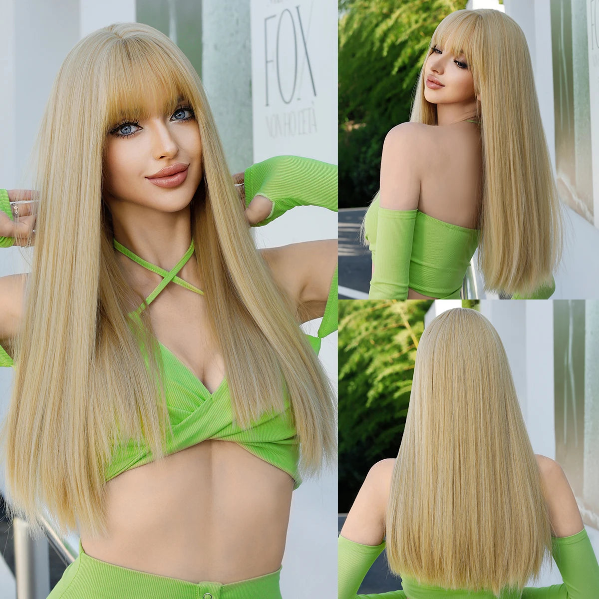 Long straight wig with bangs shown from front and back