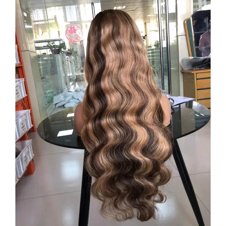Long highlighted brown wavy wig showing its wave pattern