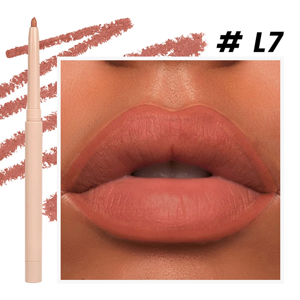 Lip liner shade shown on lips with pencil and swatch