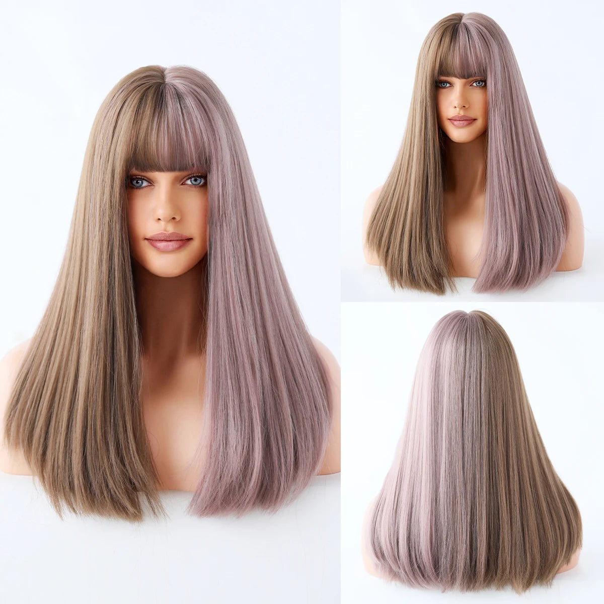 Long straight wig with bangs shown from front and back