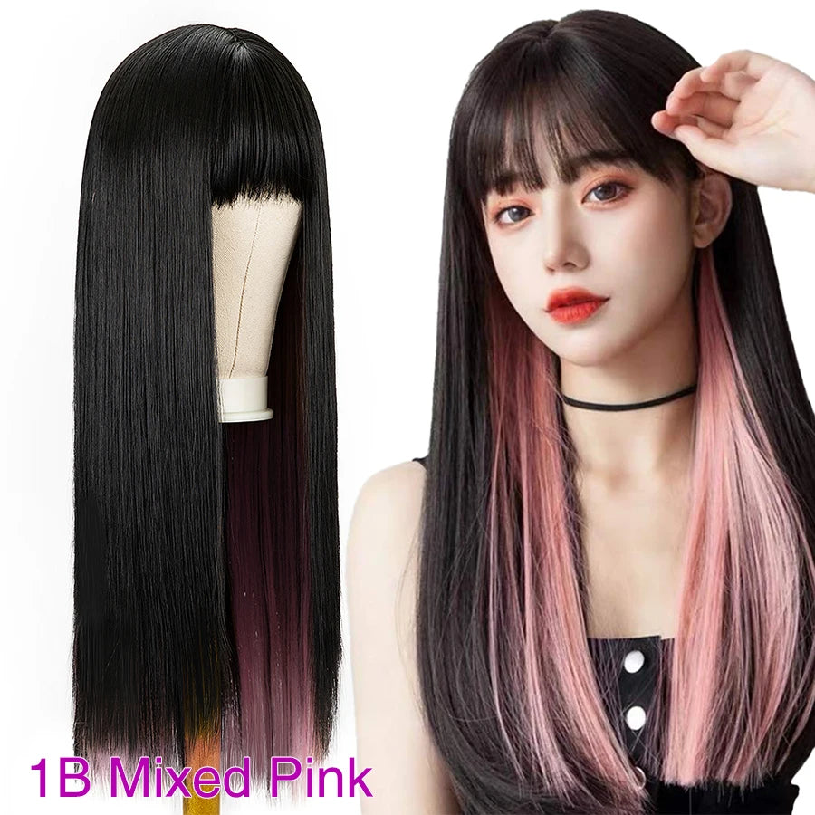Two-tone straight wig with bangs shown on a model and mannequin