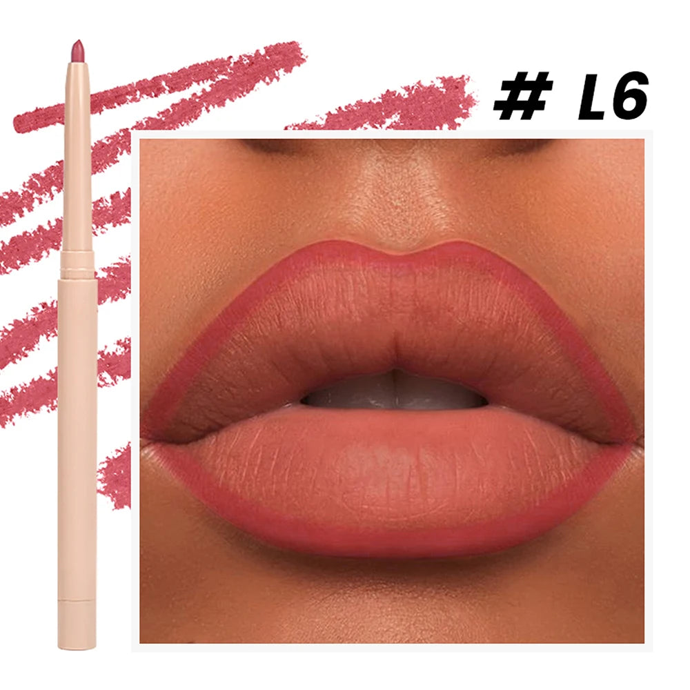 Lip liner shade shown on lips with pencil and swatch