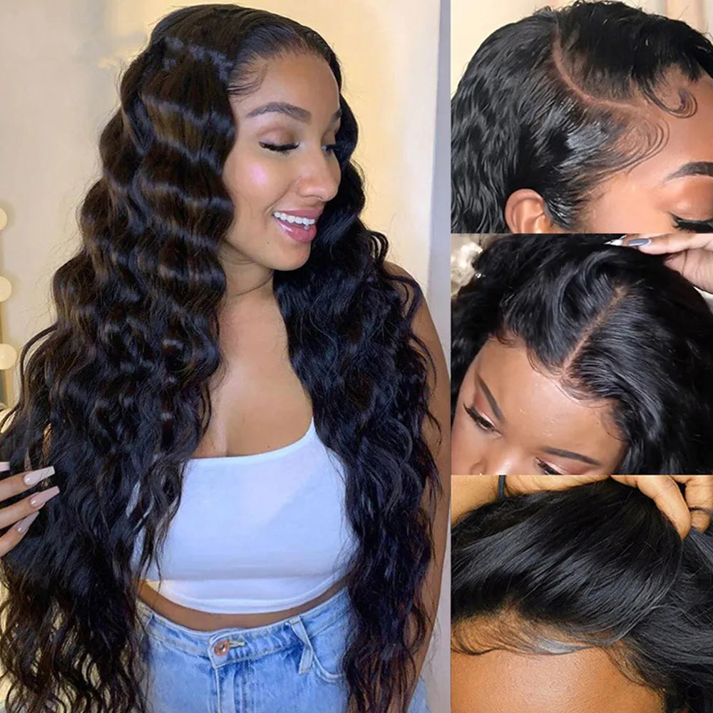 Long dark wigs showing different wave and curl patterns