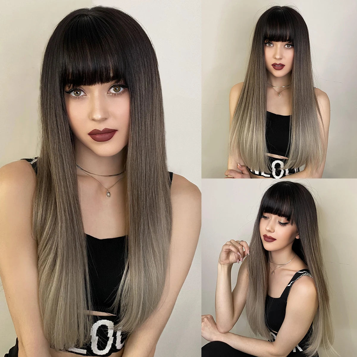 Long straight wig with bangs shown from front and back