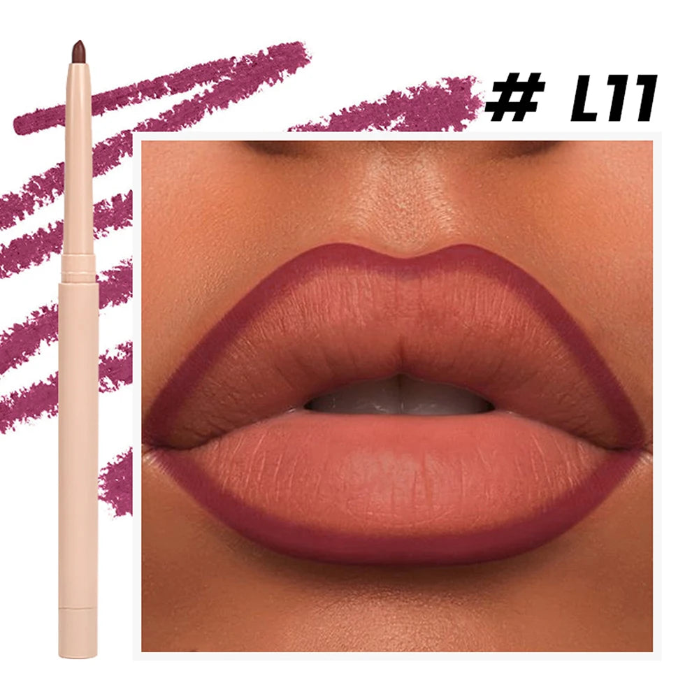 Lip liner shade shown on lips with pencil and swatch