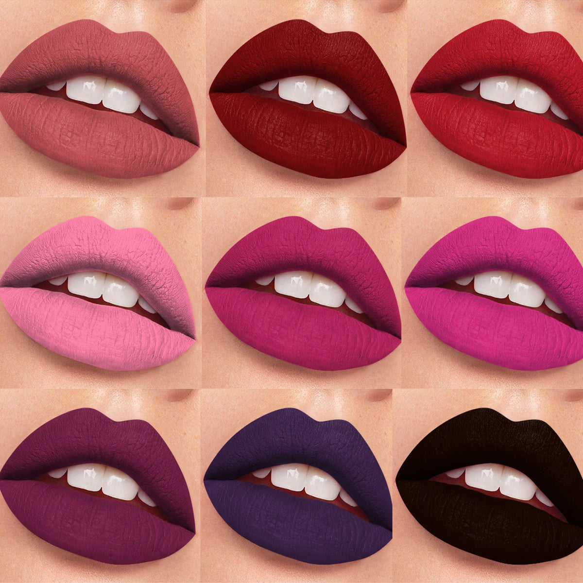 Liquid lipstick shade chart shown on lips