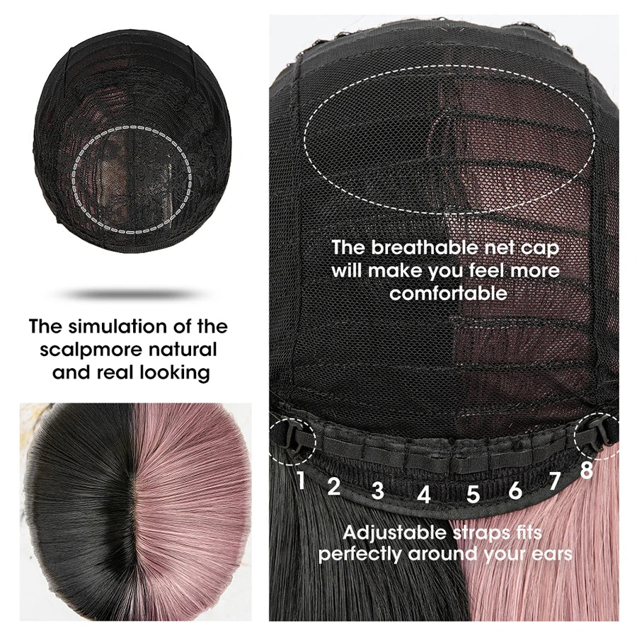 Inside of wig cap with parting and adjustment details