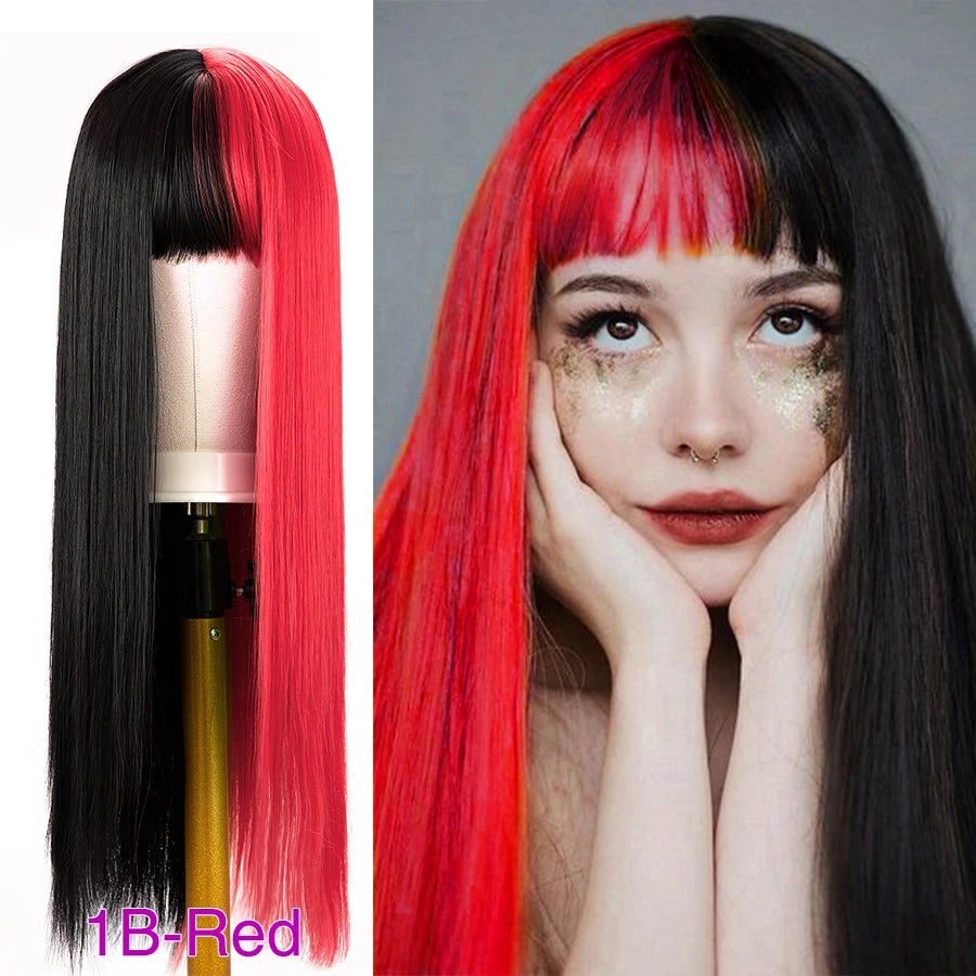 Two-tone straight wig with bangs shown on a model and mannequin