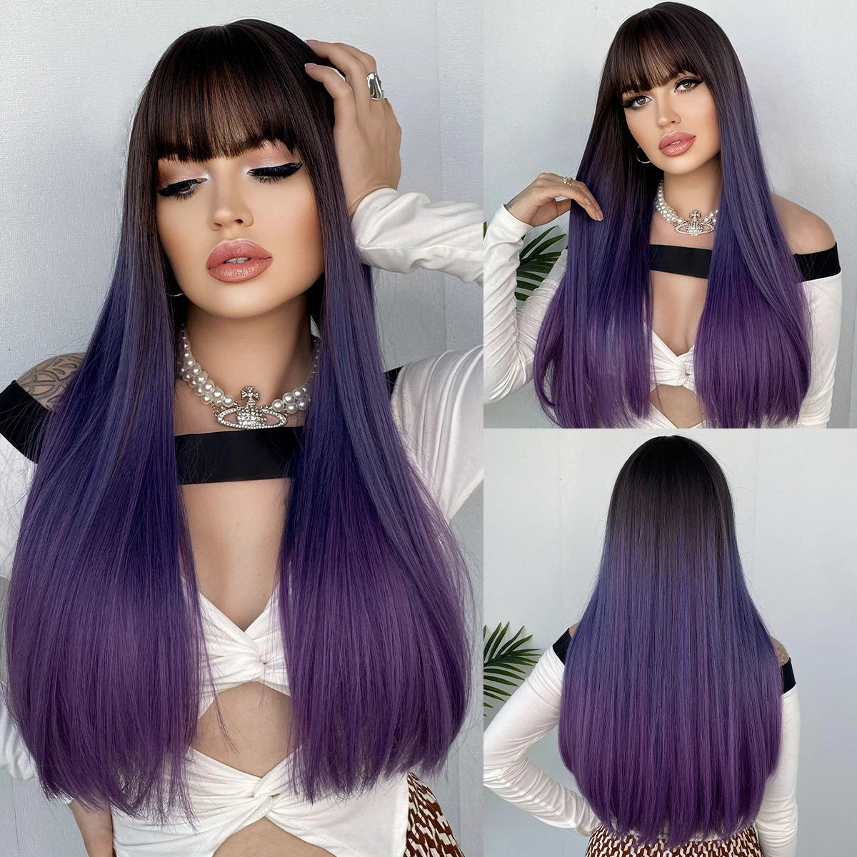 Long straight wig with bangs shown from front and back